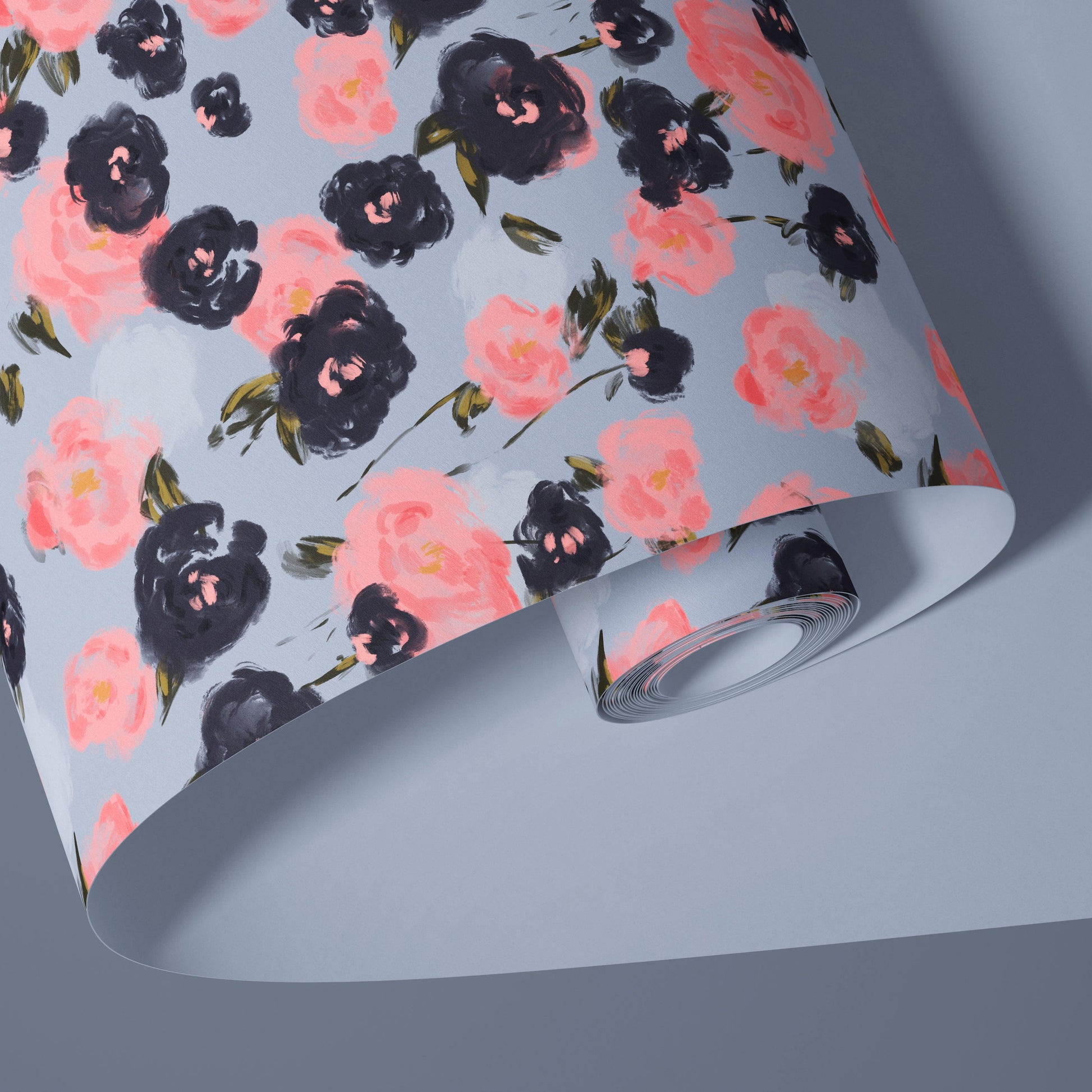 Light blue and pink roses wallpaper print