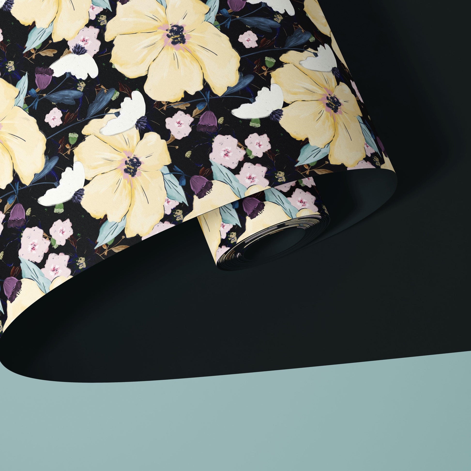 Bold black and yellow floral wallpaper design