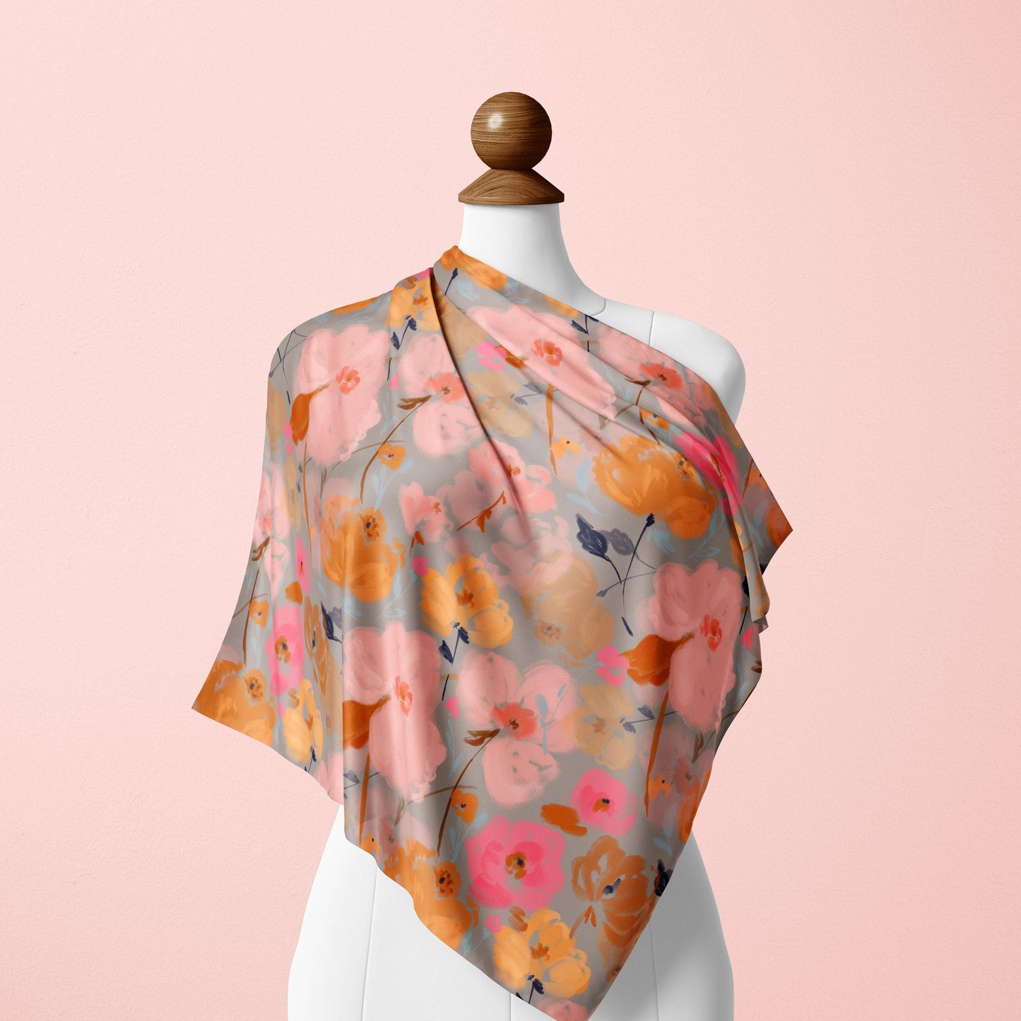 Grey boho floral fabric pattern on a silk scarf